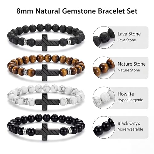 Tondiamo 4pcs Cross Bead Bracelet for Men 8mm Tigers Eye Lava Rock Onyx Black Obsidian American Flag Cross Bracelet Natural Stone Stretch Adjustable Black Wrist Beads for Men Women Gifts