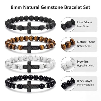 Tondiamo 4pcs Cross Bead Bracelet for Men 8mm Tigers Eye Lava Rock Onyx Black Obsidian American Flag Cross Bracelet Natural Stone Stretch Adjustable Black Wrist Beads for Men Women Gifts