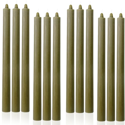 Olive Ribbed Taper Candles 10.5 inch Green Tapered Candles Ideal as Dinner Candle Smokeless and Unscented Candle Sticks Long Burning,Set of 12 - color: Ribbed10.5''-Olive