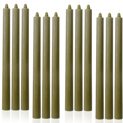 Olive Ribbed Taper Candles 10.5 inch Green Tapered Candles Ideal as Dinner Candle Smokeless and Unscented Candle Sticks Long Burning,Set of 12 - color: Ribbed10.5''-Olive