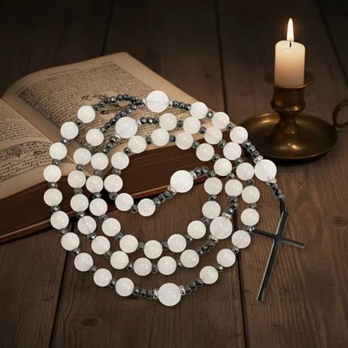 Nazareth Store Jasper Rosary Necklace – Catholic Handmade Rosary with Stone Beads, Hematite Spacers, and Black Alloy Cross – Durable Prayer Beads for Men and Women - color: White Jade
