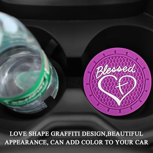 KVAEY 2 PCS Car Cup Holder Coasters, 2.76 Inch Anti Slip Vehicle Drink Mats with Cute Blessed Cross and Heart, Shockproof, Universal Car Accessories (Dark Purple, 2 PCS) - color: Dark Purple, size: 2 PCS