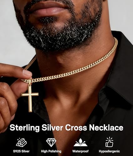 Jewlpire 925 Sterling Silver Cross Necklace for Men, 18k Gold Plated Sterling Silver Cross Necklace with 5mm Stainless Steel Cuban Link Chain for Men, 18 20 22 24 26 Inch - color: Gold Cross Pendant