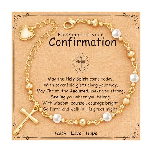 First Communion Confirmation Baptism Godmother Gifts for Teen Girls Women, Catholic Christian Cross Pearl Bracelet - color: Gold, size: Confirmation