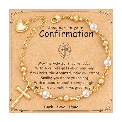 First Communion Confirmation Baptism Godmother Gifts for Teen Girls Women, Catholic Christian Cross Pearl Bracelet - color: Gold, size: Confirmation