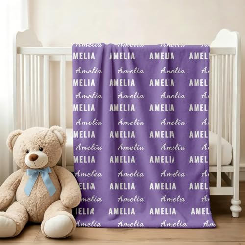 Ships Next Day, Personalized Baby Blanket with Name - Custom Newborn Hospital Swaddle Blanket, Super Soft Plush Flannel Baby Gift for Birth Announcement Shower Easter Gifts for Toddler Kids - color: Light Purple