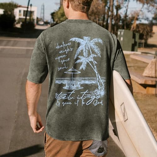 Christian Jesus Shirts for Men Hawaiian Beach T Shirts Vintage Bible Verse Faith Acid Wash Palm Trees Graphic Tees - color: Army Green, size: Large