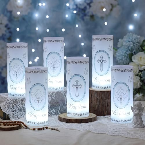 20 Pcs 10 Sets Baptism Centerpieces for Table Baptism Lantern Tea Light Holders with LED Candles Angel Cross Table Lantern for Easter First Communion God Bless Baby Shower Party Decor