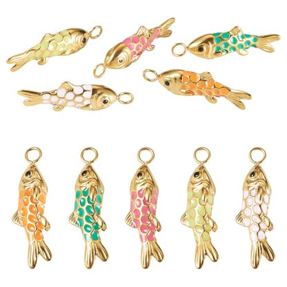 Craftdady Enamel Koi Fish Charms Long-Lasting Plated CZ Sea Ocean Life Animals Pendants 18K Gold Plated Goldfish Charms for Jewelry Making Bracelets Earrings - color: 5 Color