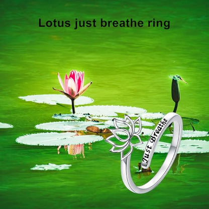 ROMANTICWORK Just Breathe Ring 925 Sterling Silver Cross/Lotus/Dandelion Adjustable Opening Ring Inspirational Jewelry for Women Birthday Christmas Gifts - style: Lotus