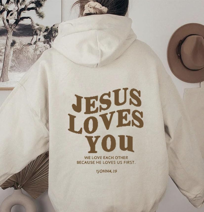 PANOZON Jesus Loves You Hoodie Christian Faith Religious God Tops Man Woman Pullover Sweatshirt Longsleeve - color: 3-beige, size: 3X-Large