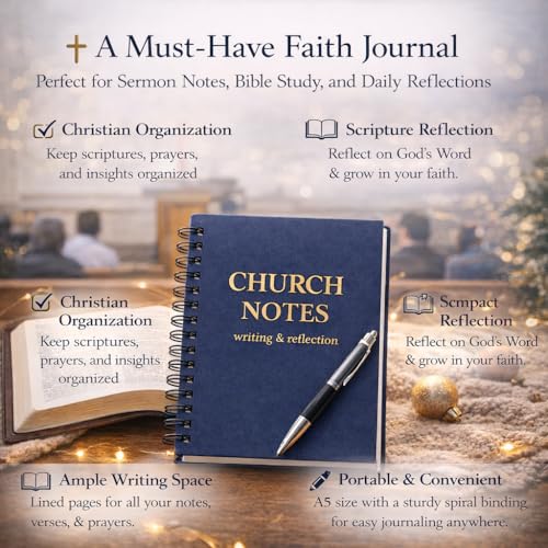 Church Notes Journal, Sermon Notes Notebook with Waterproof Clear PVC Cover, 100GSM No-Bleed Paper, Spiral Bound, 158 Pages, Christian Church Notebook for Bible Study, Worship & Reflection