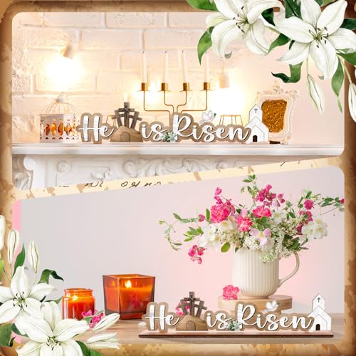 Vercraft Easter Decorations He Is Risen Wooden Sign Religious Table Centerpiece Christian Farmhouse Tabletop Sign for Tiered Tray Decor Fireplace Mantel Room Birthday Spring, 2.2 x 9.7 Inch(Classic) - style: Classic