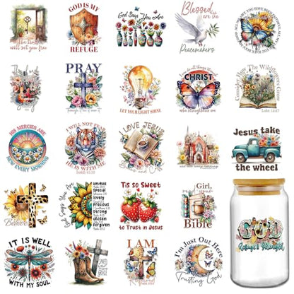 Bible Verse UV DTF Decals - 24 Sheets Christian Affirmation Motivational Quotes Uvdtf Tumbler Wraps for 16 oz Glass Coffee Cups, God is My Refuge Transfer Stickers DIY Mugs Craft Decor Gift for Mom - style: Christianity