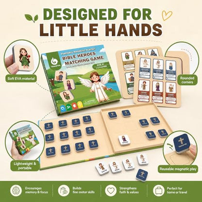 Travofun Magnetic Bible Matching Game, Memory & Clue Cards, Ages 4-8 - style: Bible Heroes (Memory + Character Clues)