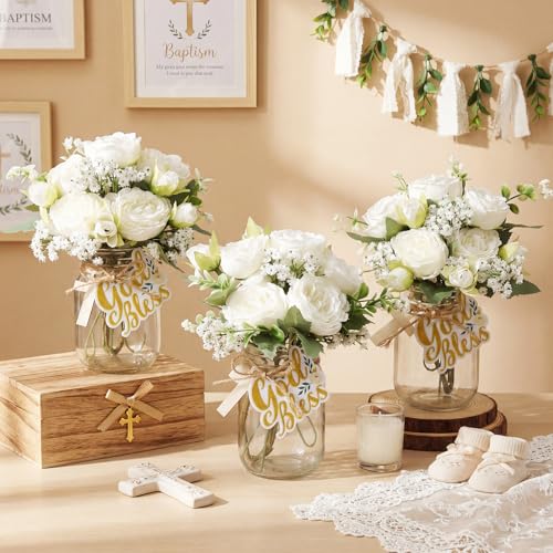 Suncalla 6 Sets Baptism Table Centerpieces Mason Jar Cross for Baby Shower