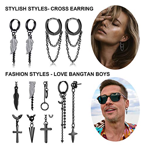 20 Pieces Men Earrings Set - Black Stainless Steel Chain Hoop Earrings Cross Moon and Star Dangle Earrings Piercing Jewelry for Men Women - color: Black