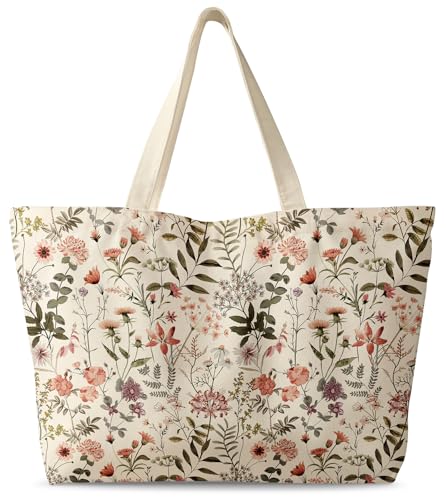 Miss Adola Large Tote Bag for Women - Canvas Tote Bag with Zipper Aesthetic Reusable Shoulder Bag for Gym, Travel, Work - style: Pk Flower Shrubs