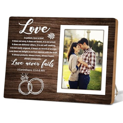 Rustic Photo Frame,Couples Picture Frame,1 Corinthians 13:4-8 Love Never Fails,Couple Gift for Wedding Anniversary, Engagement,Bridal Shower and Valentine's Day Gift 12P043
