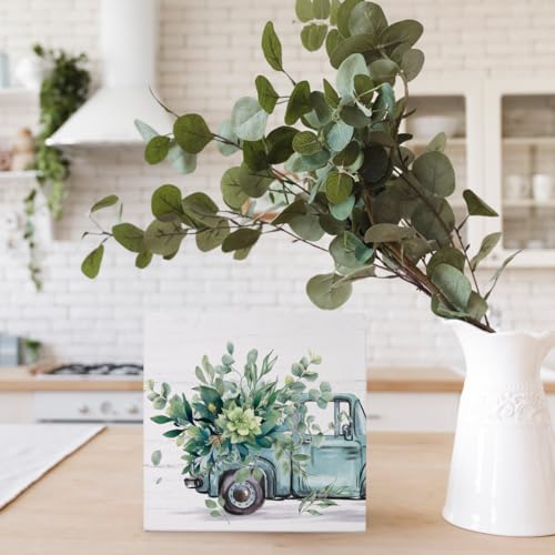 Farmhouse Spring Eucalyptus Leaves Wooden Box Sign Decor, Botanical Truck Wooden Block Plaque Sign Decoration for Shelf Table Farmhouse Tiered Tray Decor, 5x5 - color: 1-Sage Green Eucalyptus Truck(burlywood)