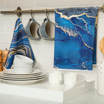 Boyiee 6 Pcs Marble Hand Towels Blue and Gold Kitchen Towels Dish Cloths - color: Blue and Gold Marble