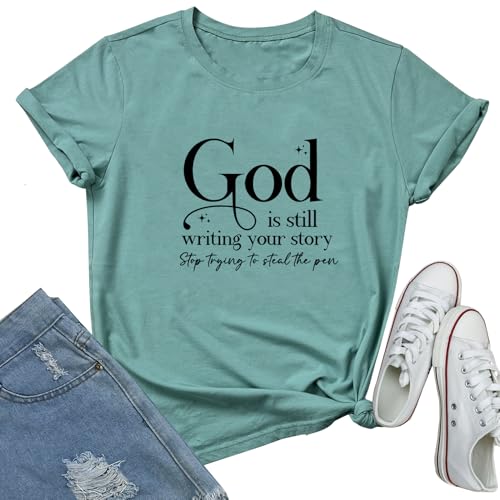 LOOKFACE Womens God is Still T Shirt Comfy Tops Graphic Tees - color: Light Green, size: X-Large