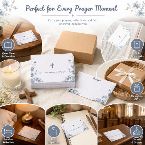 100 Pcs Lined Prayer Cards - 4x3 Christian Note Cards with Blue Floral Art - 250GSM Matte Paper Boxed Set for Church, Small Group & Prayer Requests - color: BLUE FLORAL