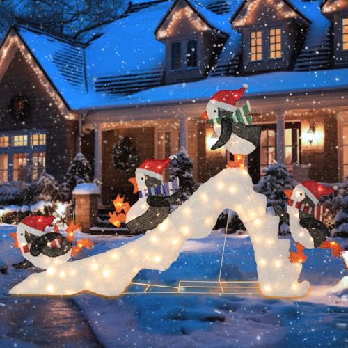 7 FT Lighted Christmas Penguin On Slide, Pre‑Lit Outdoor Yard Decor - size: 51''*82.68''