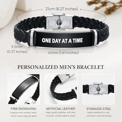 Leather Bracelet Sobriety Gifts for Men : Inspirational Quote/Bible Verse Engraved Braided Black Mens Bracelet for Him, Customized Religious Christian Gift Jewelry for Son/Dad/Boys/Boyfriend/Husband - style: 10:One day at a time