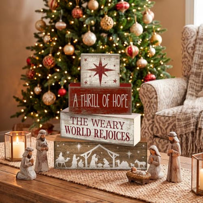 Lineshading 4 Pcs Christmas Table Decorations, Nativity Star Wooden Signs - style: A Thrill of Hope