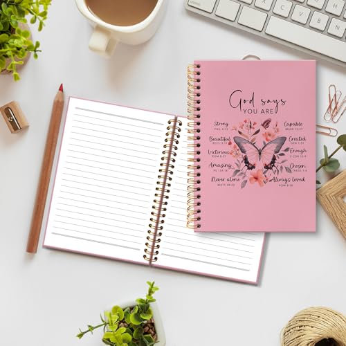 huester Inspirational Christian Butterfly Notebook Journal, God Says You Are Bible Scripture Pink Journal Notebooks for Note Taking, Bible Journaling Hardcover Paper Spiral Notebook, 5.5x8.3 Inch - color: pink