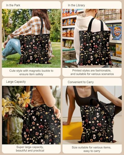 Miss Adola Canvas Tote Bag for Women with Zipper, Black Floral - color: Black Floral