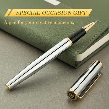 BEILUNER Luxury Rollerball Pen, Stunning Silver Chrome with 24K Gold Finish,Noble and Elegant Designs,Schneider Ink Refill, Best Gift Pen for Men & Women, Professional, Executive Office, Fancy Pens - color: ,Silver Chrome and Gold