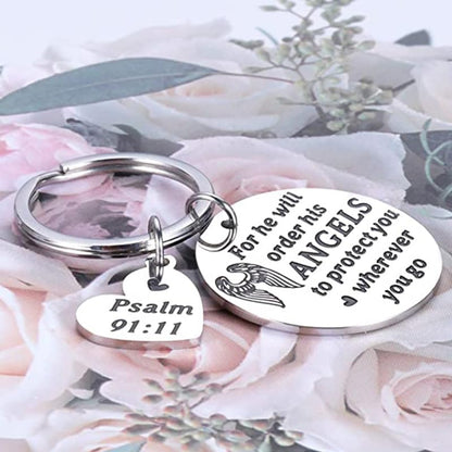 Religious Angel Wings Keychains Psalm 91:11 Bible Verse Keyring Inspirational Gifts for Family Bags Car Keys Charms