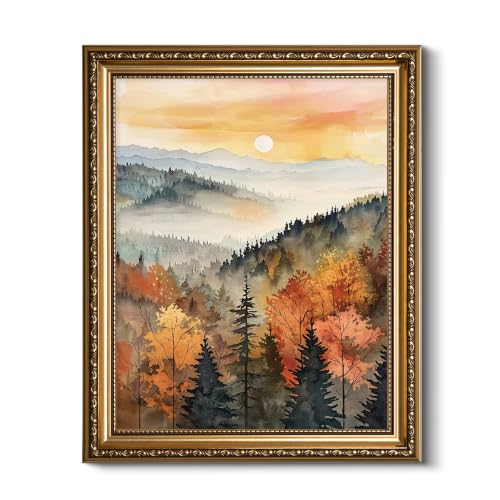 HUARCEY Fall Mountain Forest Vintage Gold Framed Canvas Wall Art - color: Silent Forest, size: 16"L x 13"W