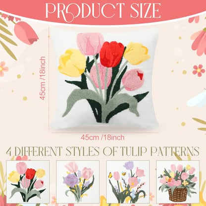 Mixweer 4 Pcs Mother‘s Day Gift Tulip Pillow Covers Set, 18 x 18 Inch Embroidered Spring Pillow Cases, Tulip Flowers Spring Style Square Throw Cushion Cover for Couch Sofa Bed Home Decoration - style: Tulip