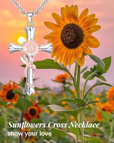 ACECHA Silver Cross Necklace for Women, Crosses Pendant with Birthflower - color: Sunflower-Happiness