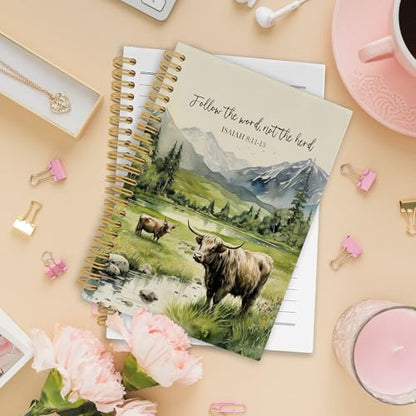 Christian Highland Cow Spiral Notebook, Farmhouse Cow Bible Journaling Notebooks, Rustic Country Mountain Farmhouse Hardcover Journals for Women 160 Pages 5.5x8.3 Inch, Christian Gifts for Women - color: Color22
