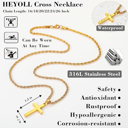 Cross Necklace for Boys Mens Stainless Steel Twisted Rope Chain Cross Pendant Rustproof Necklace for Teen Boy Mens Christian First Communion Confirmation Gifts for Boys - color: Gold