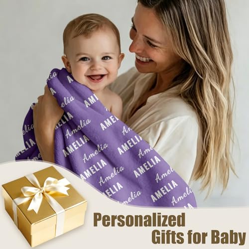 Ships Next Day, Personalized Baby Blanket with Name - Custom Newborn Hospital Swaddle Blanket, Super Soft Plush Flannel Baby Gift for Birth Announcement Shower Easter Gifts for Toddler Kids - color: Light Purple