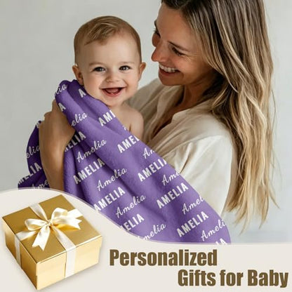 Ships Next Day, Personalized Baby Blanket with Name - Custom Newborn Hospital Swaddle Blanket, Super Soft Plush Flannel Baby Gift for Birth Announcement Shower Easter Gifts for Toddler Kids - color: Light Purple