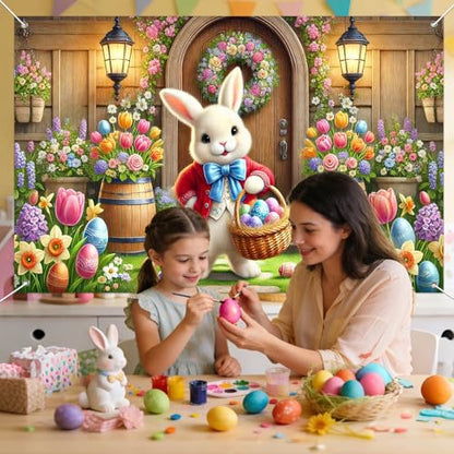 IVN Easter Bunny Banner 71x43 Inch Spring Egg Basket Flowers Front Door - color: Easter Bunny Front Door Spring Floral