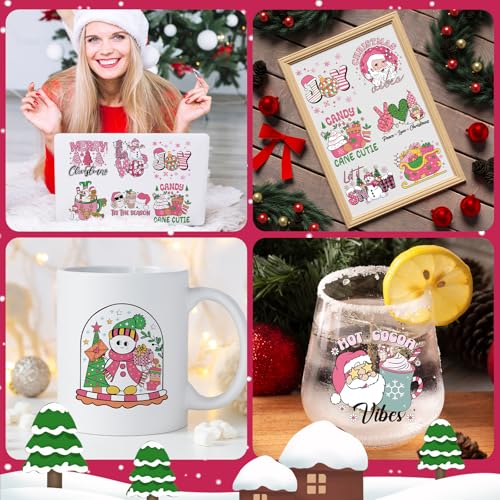 Rngmsi Christmas UV DTF Cup Wrap - 20 Sheets Pink Merry Christmas UV DTF Cup Wraps for 16 oz Snowmen Gnome Santa Claus Uvdtf Decals Personalized Waterproof Rub on Transfer Stickers for Glass Cups - style: Pink Merry Christmas