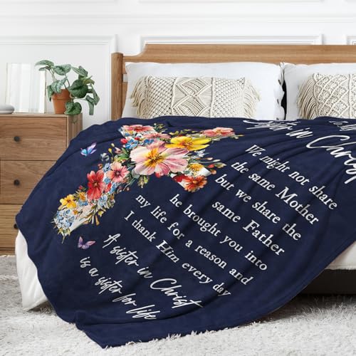 Christian Gifts for Women, Sister in Christ Floral Cross Blanket - color: Navy Blue