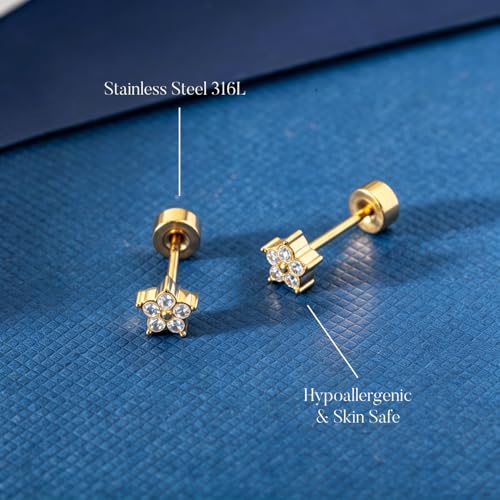 Small Moissanite Stud Earrings for Women, Stainless Steel Screw-Back Plated in 18K Yellow Gold D VSS 1, Jewelry Gifts, 2 x 3mm stones and 0.1-0.72ct/pair - color: Gold Flower