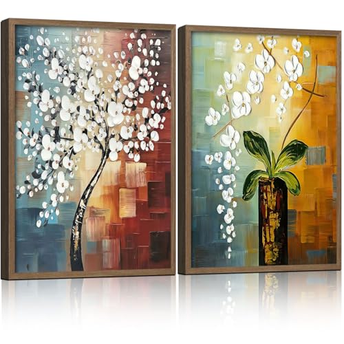 2 Piece Framed Canvas Art Prints Morning Glory Modern Abstract White Flowers Oil Painting Style Wall Floral Gallery Poster for Living Room Bedroom Office Decor Ready to Hang12x16 Inch - color: Abstract White Floral Oil Painting, size: 12"x16"