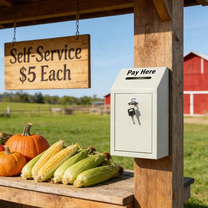KYODOLED Metal Cash Box for Farm Stand, Money Drop Box with Lock & Slot - color: White, size: 10.24 x 5.7 x 2.95 Inch