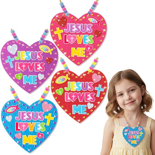 BeYumi Valentines Necklace Craft Kit - 24Pcs Valentine's Day Christian Heart Felt Jesus Loves Me Necklace Making Kits With Gem Stickers DIY Religious Craft for Kids Sunday School Classroom Party Favor - style: Jesus Loves Me