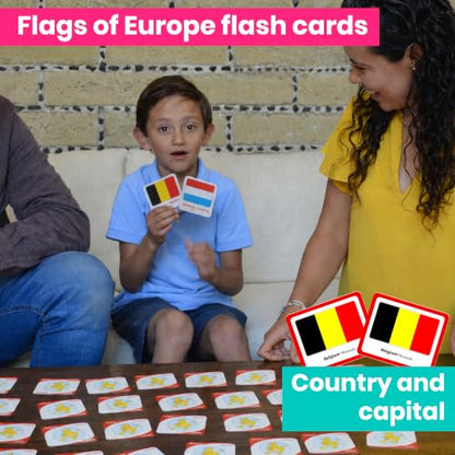 Menique Flags of Europe Memory Matching Game – 100 European Flags Flash Cards (50 Pairs) with Countries & Capitals – Educational Geography Family Game for Kids and Adults - style: Flags of Europe