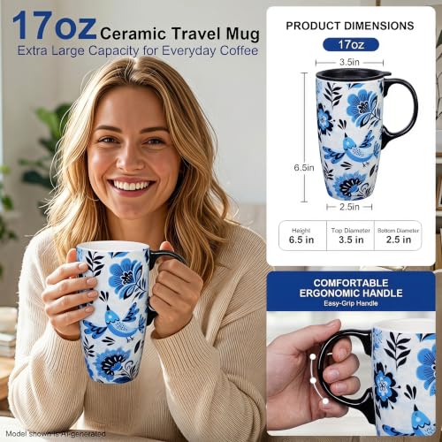 Topadorn 17oz Ceramic Travel Mug with Lid, Blue Bird Floral Mug with Handle - color: Flower&Bird